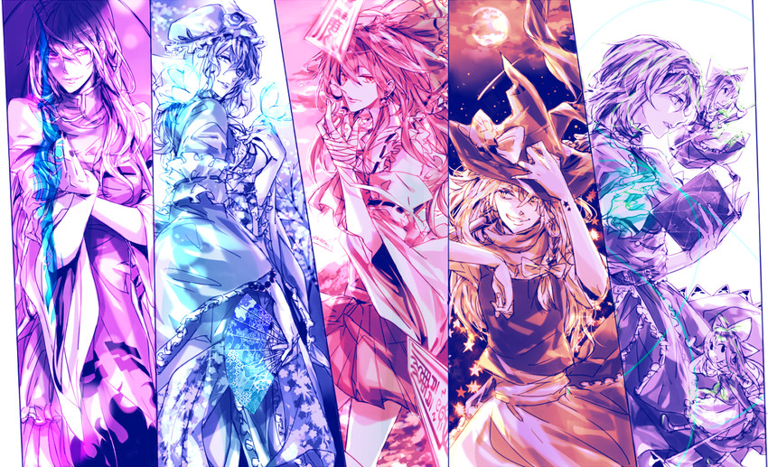 hakurei reimu, kirisame marisa, alice margatroid, yakumo yukari, saigyouji yuyuko, and 1 more (touhou) drawn by rekka