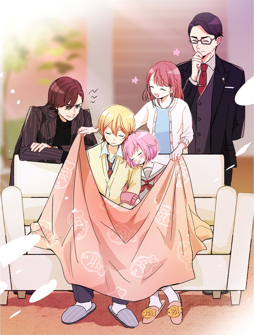 ootori emu, tenma tsukasa, ootori hinata, ootori shousuke, and ootori keisuke (project sekai) drawn by momomo_(m0_3)