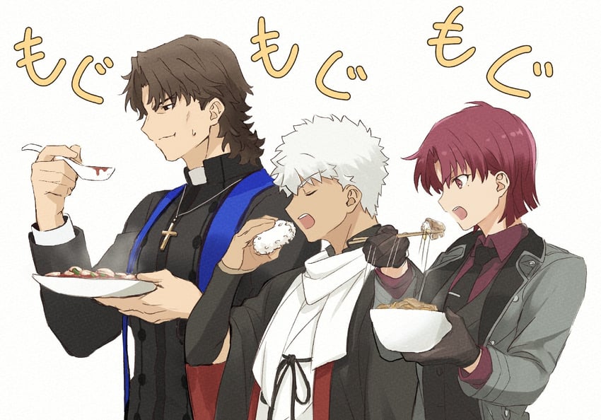 emiya shirou, kotomine kirei, senji muramasa, bazett fraga mcremitz, grigori rasputin, and 1 more (fate and 1 more) drawn by okonon_(kado_colda)