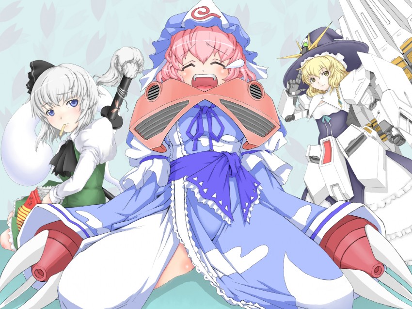 kirisame marisa, konpaku youmu, saigyouji yuyuko, nu gundam, z'gok, and 1 more (touhou and 3 more) drawn by shishigami_(sunagimo)