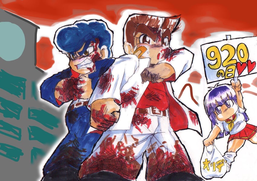 kunio-kun, riki, and hasebe kazumi (kunio-kun series) drawn by user_awev8787