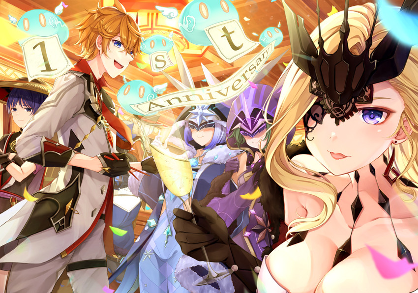 scaramouche, tartaglia, slime, signora, cicin mage, and 3 more (genshin impact) drawn by shagaihi