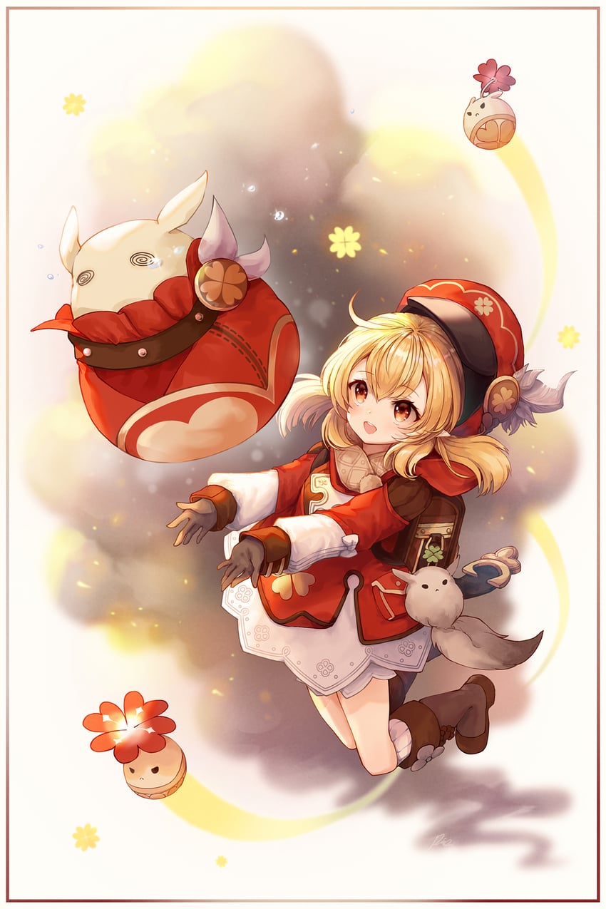 klee, dodoco, and jumpy dumpty (genshin impact) drawn by pioko