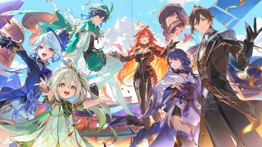 raiden shogun, furina, nahida, zhongli, venti, and 1 more (genshin impact) drawn by dsmile