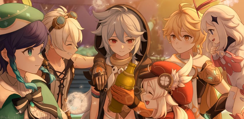 aether, venti, paimon, klee, razor, and 1 more (genshin impact) drawn by 39_iduki