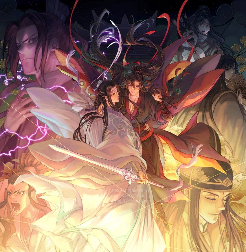 wei wuxian, lan wangji, jiang cheng, jin ling, jin guangyao, and 2 more (modao zushi) drawn by ganen_cheese