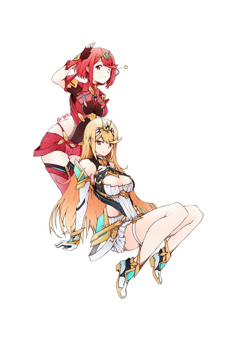 pyra and mythra (xenoblade chronicles and 1 more) drawn by q-pra