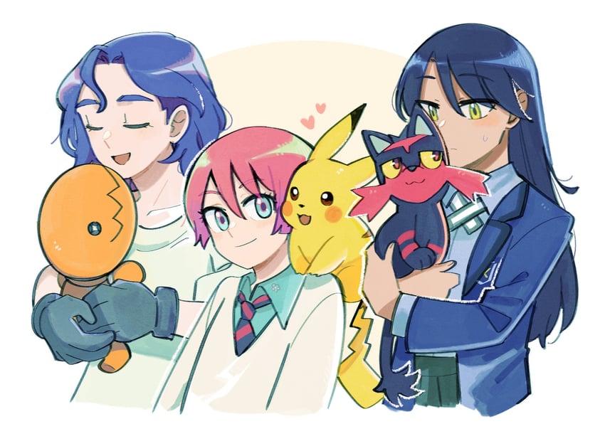 pikachu, amate yuzuriha, shuji ito, litten, nyaan, and 1 more (pokemon and 2 more) drawn by ange_(angeban93)