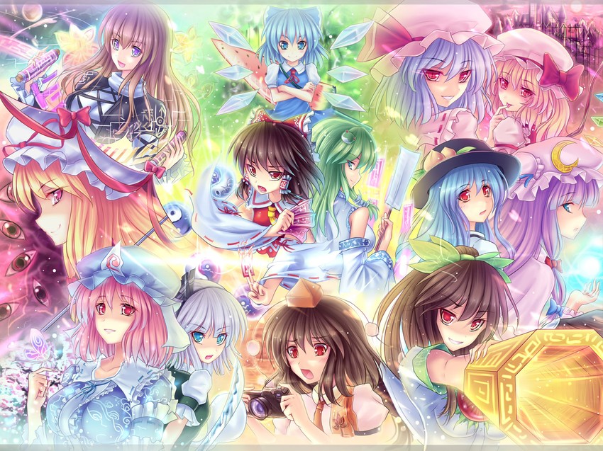 hakurei reimu, remilia scarlet, flandre scarlet, kochiya sanae, konpaku youmu, and 8 more (touhou) drawn by walzrj