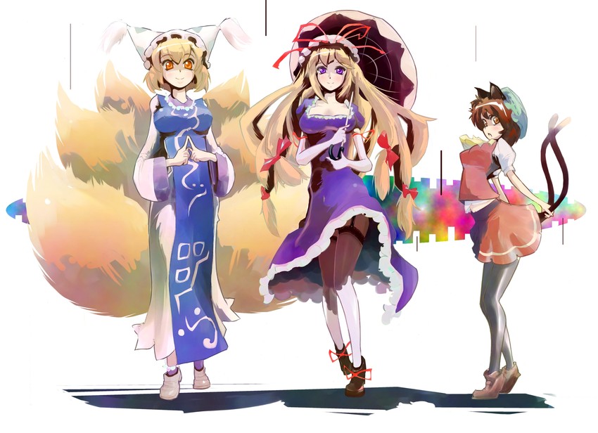 yakumo yukari, yakumo ran, and chen (touhou) drawn by tatwuku