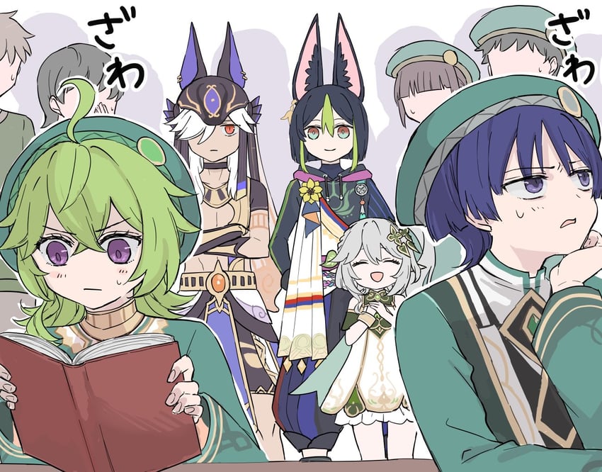 scaramouche, nahida, wanderer, tighnari, cyno, and 1 more (genshin impact) drawn by himeko_(nico6v6pachi)