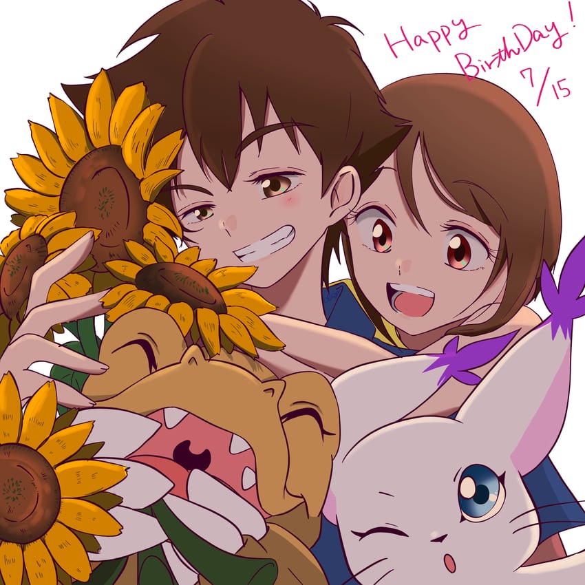 yagami hikari, yagami taichi, tailmon, and agumon (digimon and 1 more) drawn by chiyu_(user_hrwu2257)