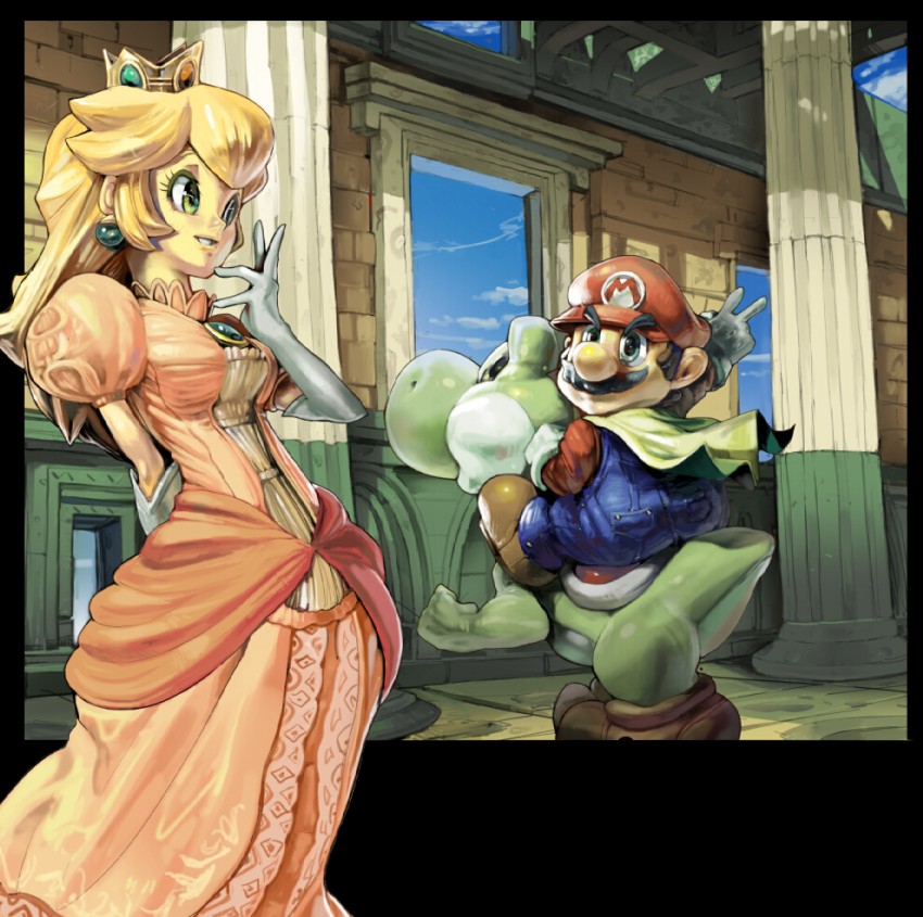 princess peach, mario, and yoshi (mario and 1 more) drawn by koki_(ryoushikiha)