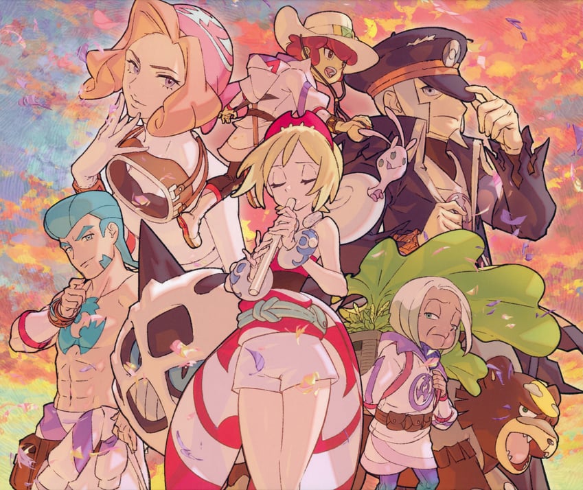 irida, ingo, glalie, ursaluna, palina, and 4 more (pokemon and 1 more) drawn by kazama_raita