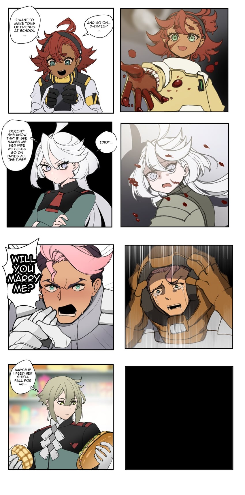 suletta mercury, miorine rembran, guel jeturk, and elan ceres (gundam and 1 more) drawn by kyou_(iuciferic)