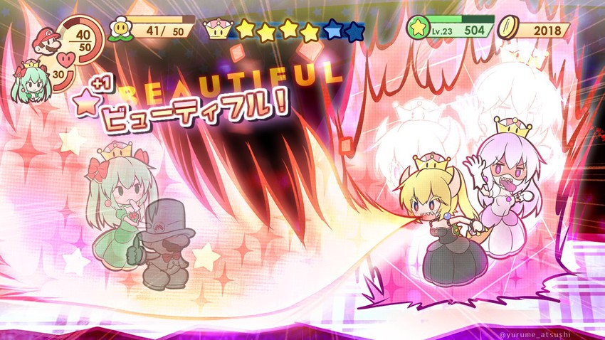 mario, bowsette, princess king boo, paper mario, and princess bow (mario and 5 more) drawn by yurume_atsushi