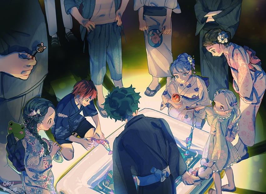 midoriya izuku, uraraka ochaco, asui tsuyu, hado nejire, kirishima eijiro, and 1 more (boku no hero academia) drawn by oru_2ji