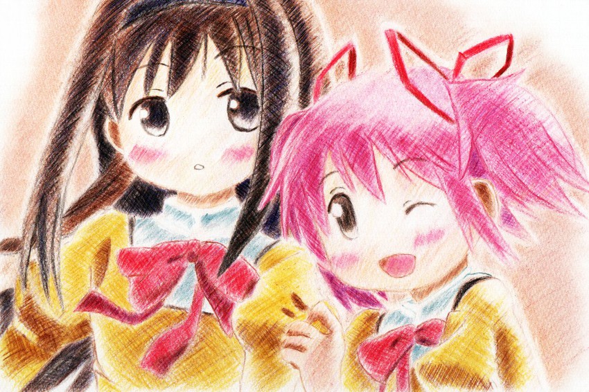 akemi homura and kaname madoka (mahou shoujo madoka magica) drawn by tsuyu1222
