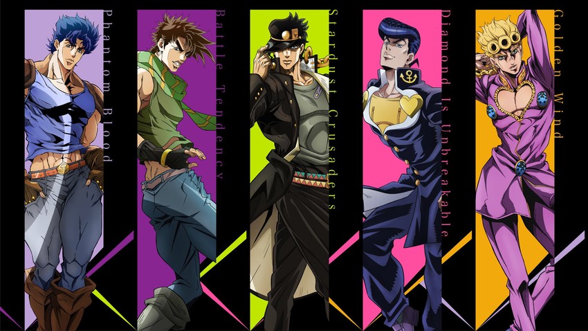 joseph joestar, kujo jotaro, giorno giovanna, jonathan joestar, and higashikata josuke (jojo no kimyou na bouken and 5 more) drawn by kishida_takahiro, komino_masahiko, nishii_terumi, and shimizu_takako