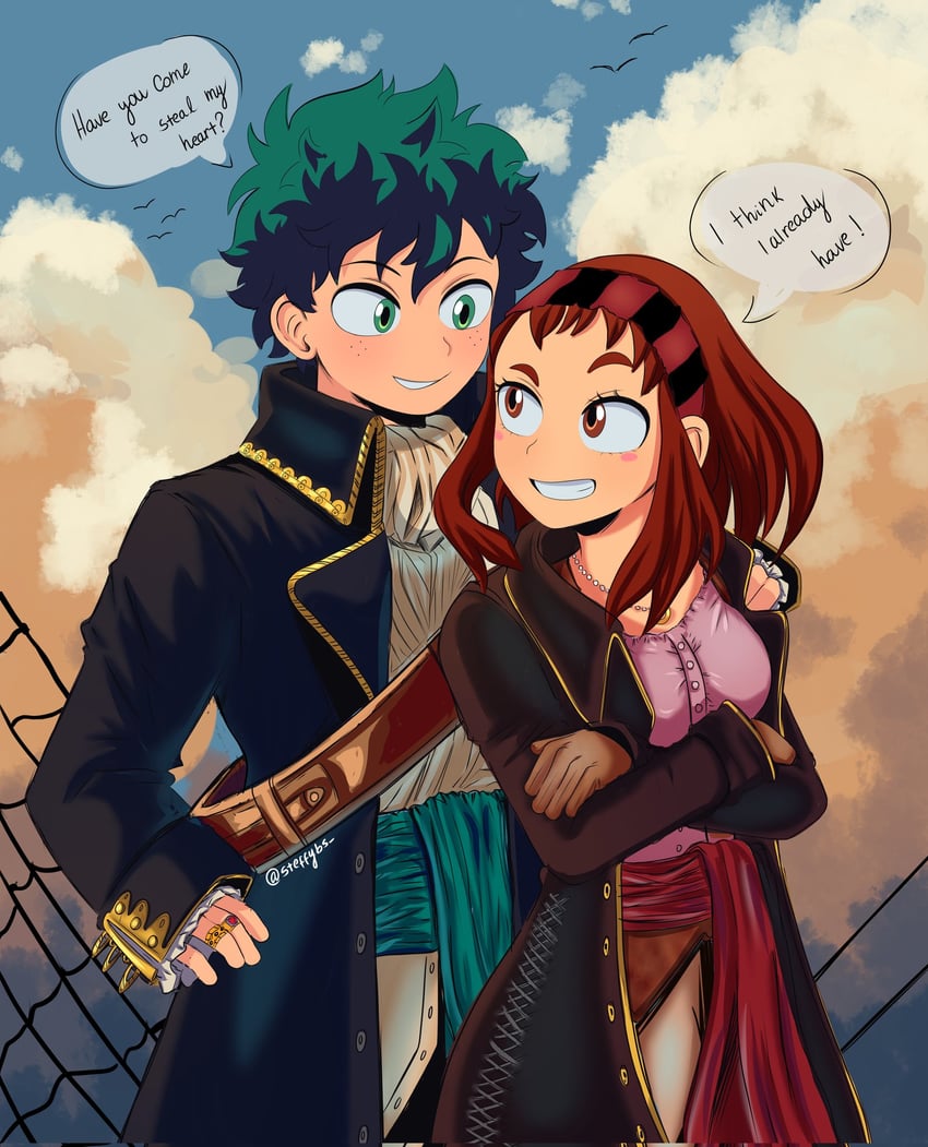 midoriya izuku and uraraka ochaco (boku no hero academia) drawn by steffybs
