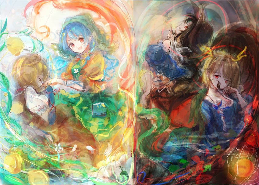 kicchou yachie, kurokoma saki, haniyasushin keiki, and joutouguu mayumi (touhou) drawn by uwazumi