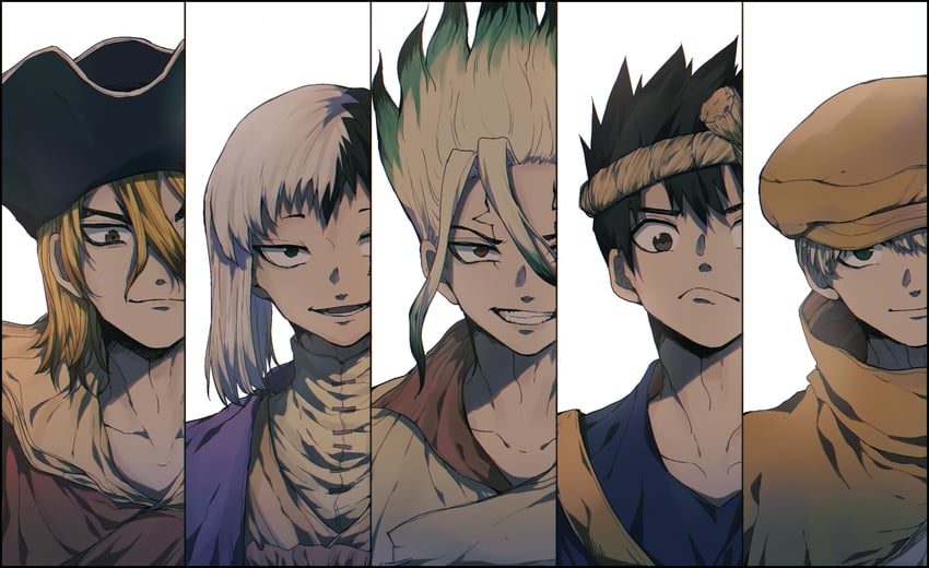 ishigami senkuu, asagiri gen, nanami ryuusui, saionji ukyou, and chrome (dr. stone) drawn by tanuki_happa