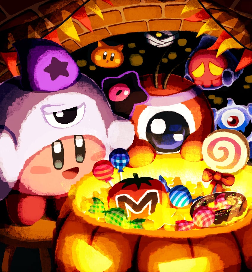 kirby, waddle doo, scarfy, dark nebula, mumbies, and 3 more (kirby) drawn by aruco_co