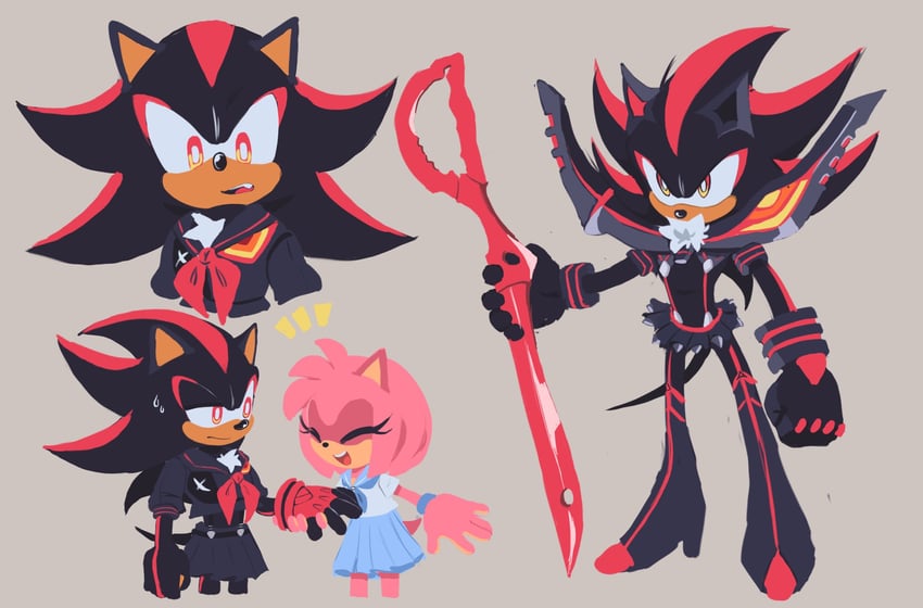matoi ryuuko, senketsu, mankanshoku mako, shadow the hedgehog, and amy rose (kill la kill and 1 more) drawn by qkora01