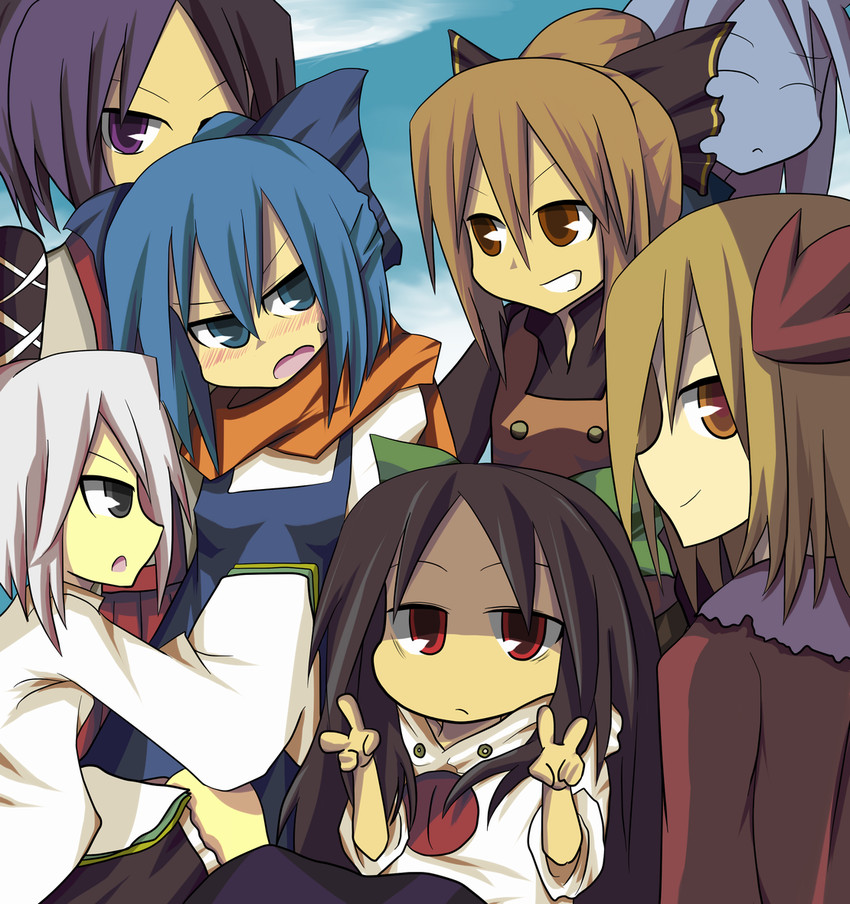 cirno, reiuji utsuho, mononobe no futo, kurodani yamame, aki shizuha, and 3 more (touhou) drawn by riicha
