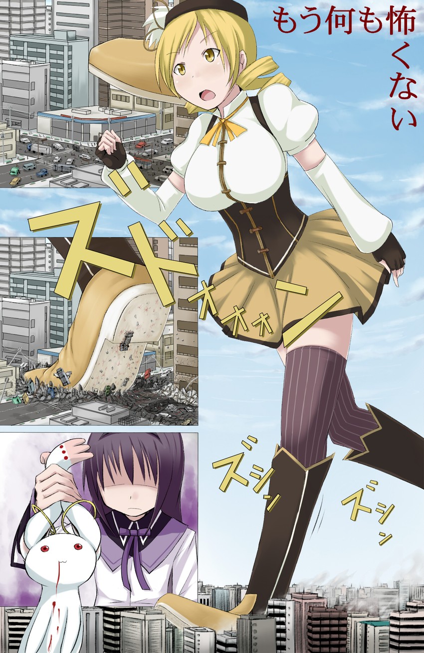 akemi homura, tomoe mami, and kyubey (mahou shoujo madoka magica) drawn by terada_ochiko