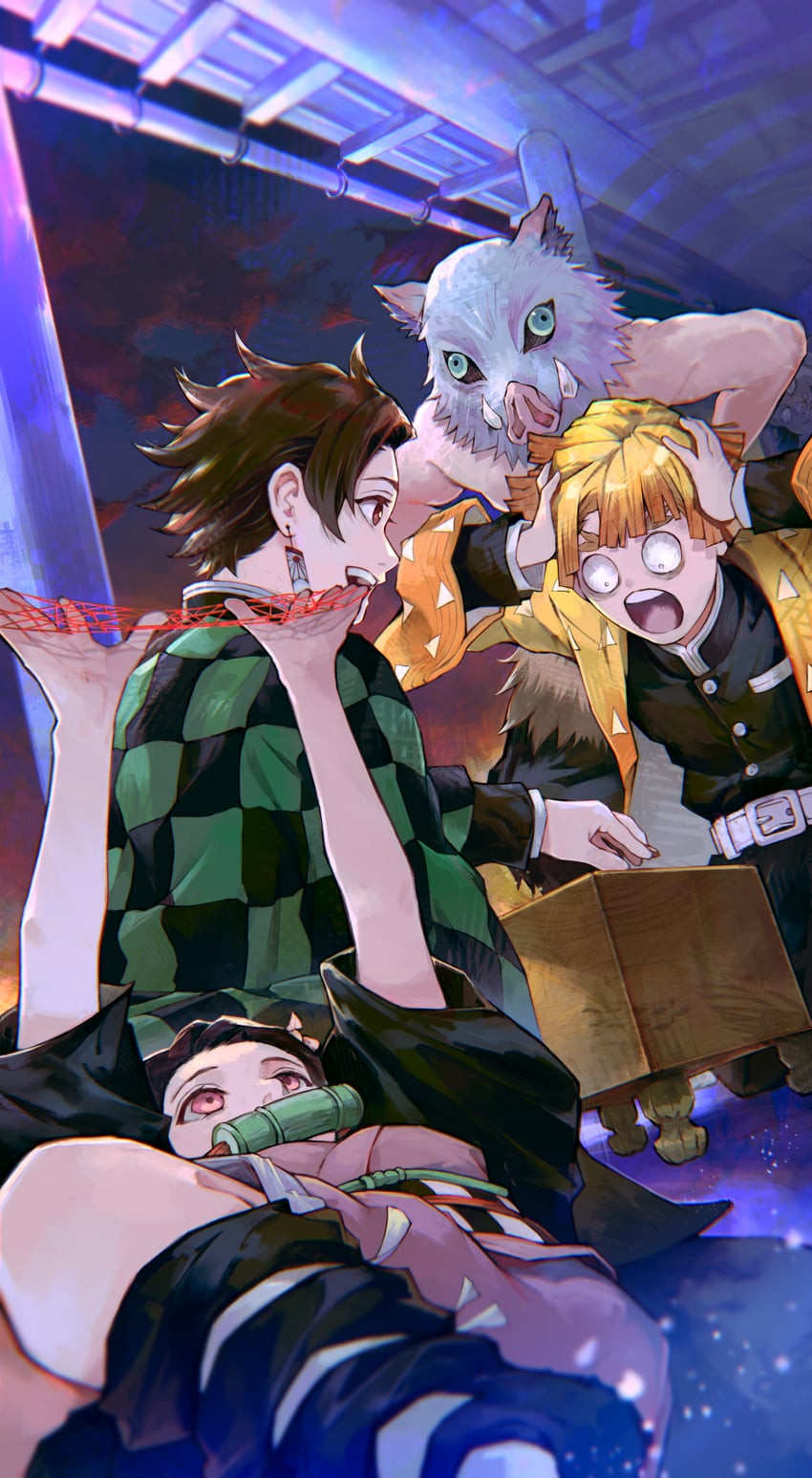 kamado nezuko, kamado tanjirou, agatsuma zenitsu, and hashibira inosuke (kimetsu no yaiba) drawn by kyuuba_melo