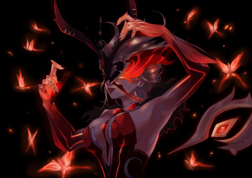crimson lotus moth and signora (genshin impact) drawn by roguemushroom