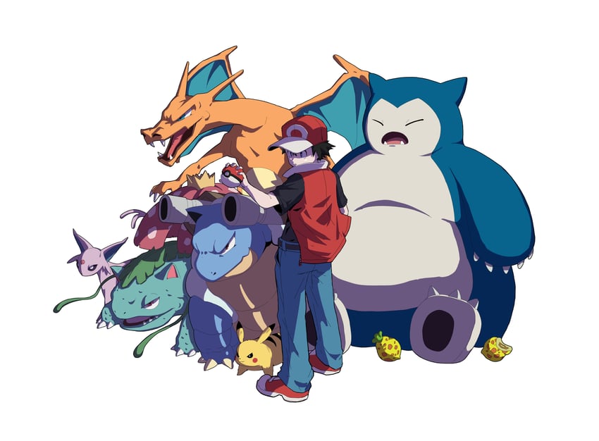 pikachu, red, charizard, espeon, snorlax, and 2 more (pokemon and 1 more) drawn by minkyu_han