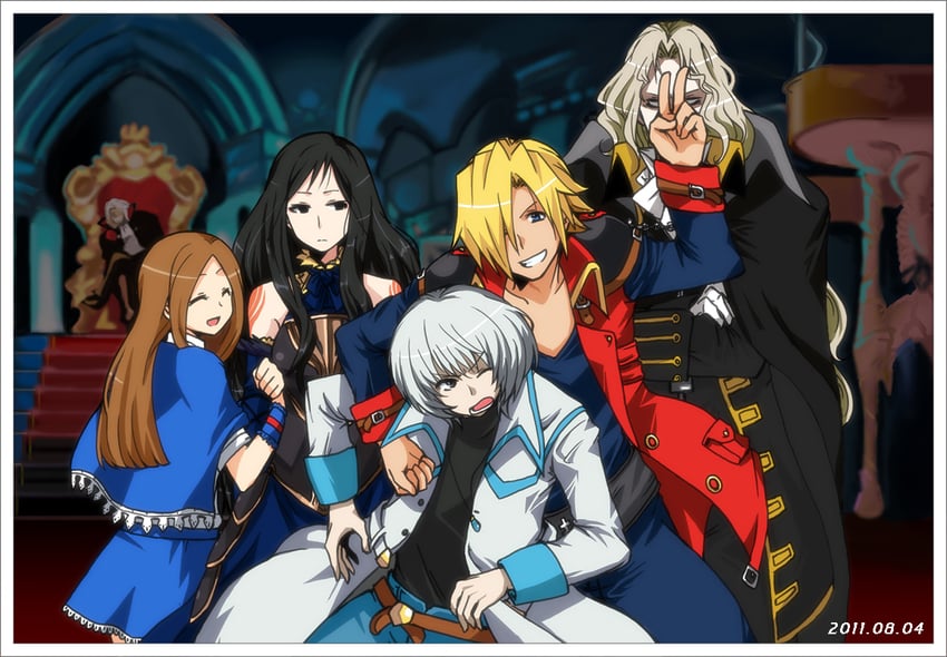 charlotte aulin, alucard, shanoa, jonathan morris, soma cruz, and 1 more (castlevania and 1 more) drawn by kidachi