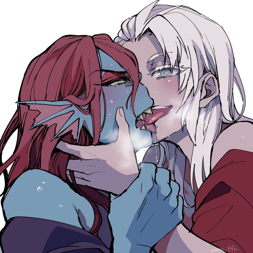 justice and undyne (helltaker and 1 more) drawn by amane_(yukiango69)