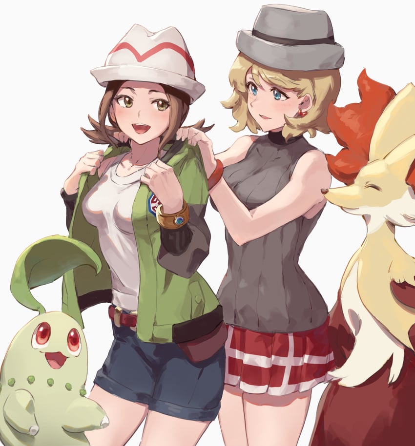 serena, chikorita, delphox, and harmony (pokemon and 2 more) drawn by jojobirdz