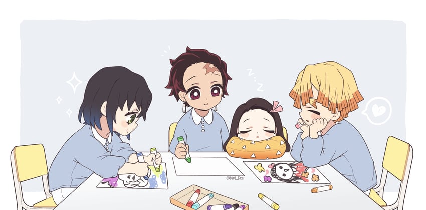 kamado nezuko, kamado tanjirou, agatsuma zenitsu, and hashibira inosuke (kimetsu no yaiba) drawn by pori_(kmt_pori)