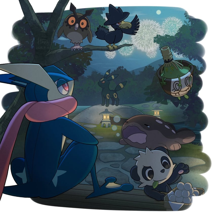 umbreon, greninja, clodsire, murkrow, hoothoot, and 2 more (pokemon) drawn by wataame4907
