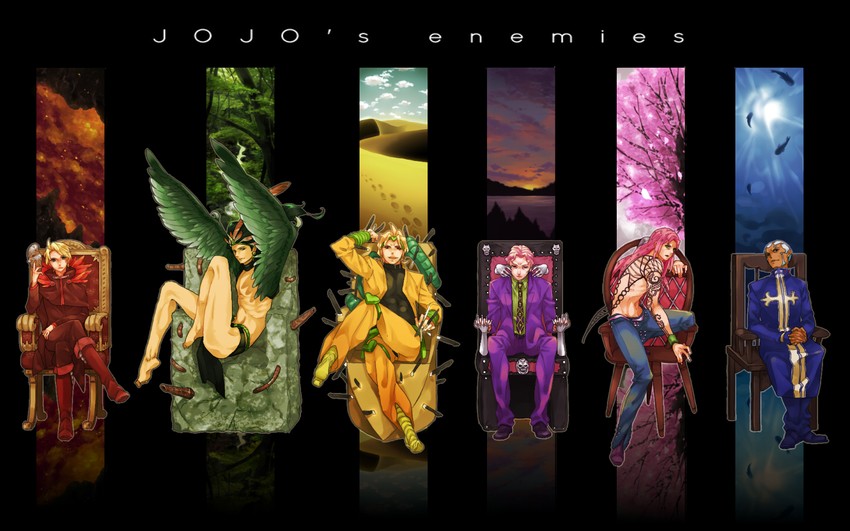 dio brando, kars, kira yoshikage, diavolo, and enrico pucci (jojo no kimyou na bouken and 1 more) drawn by kikeronron