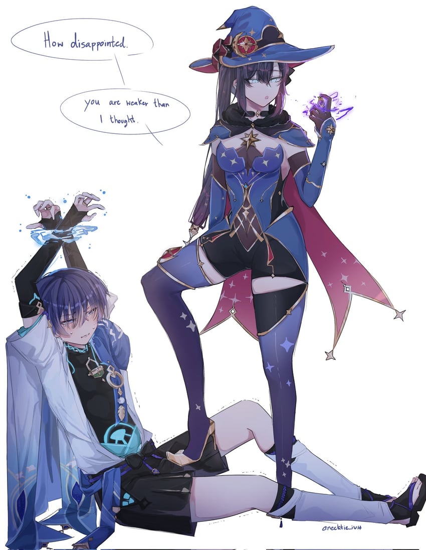 scaramouche, wanderer, and mona (genshin impact) drawn by necktie_iv14