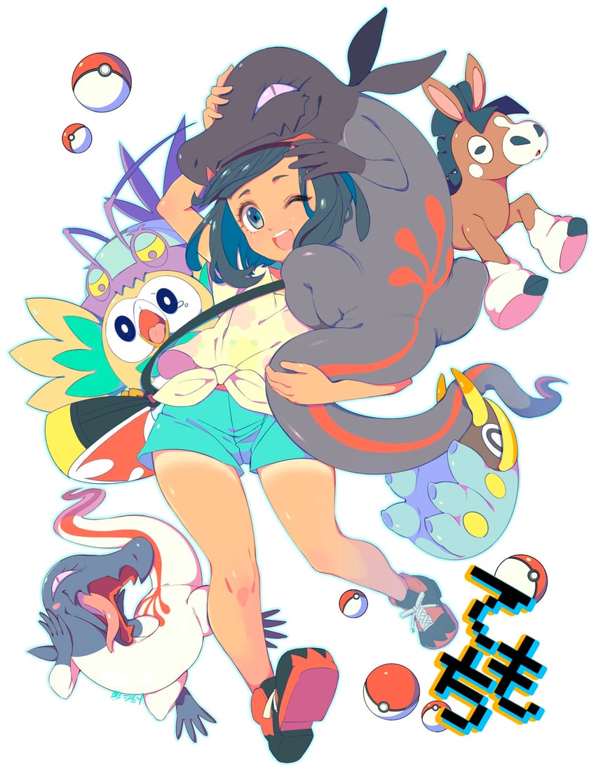 selene, rowlet, wimpod, grubbin, salandit, and 1 more (pokemon and 1 more) drawn by minamidena