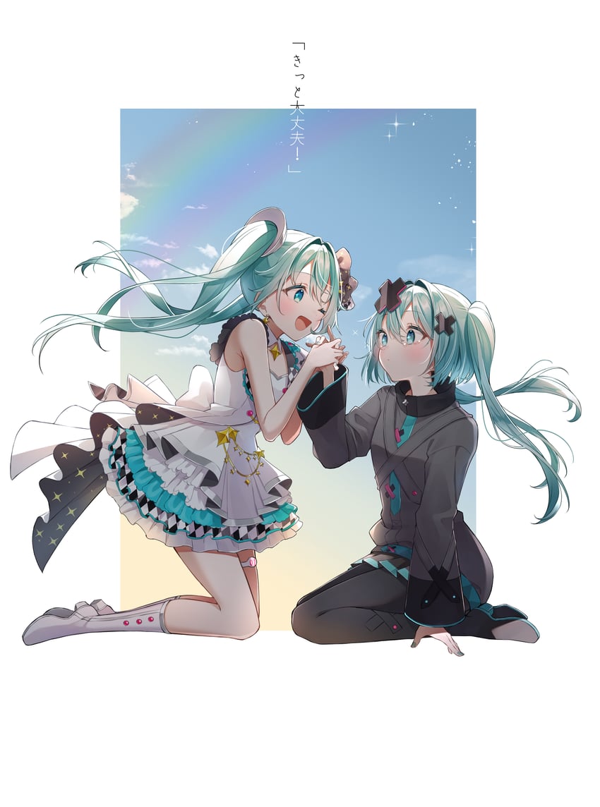 hatsune miku, more more jump! miku, and batsu miku (vocaloid and 2 more) drawn by wanderlands_k
