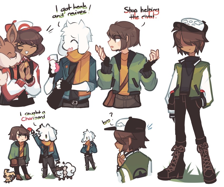 eevee, mimikyu, frisk, chara, kris, and 2 more (pokemon and 2 more) drawn by charamells