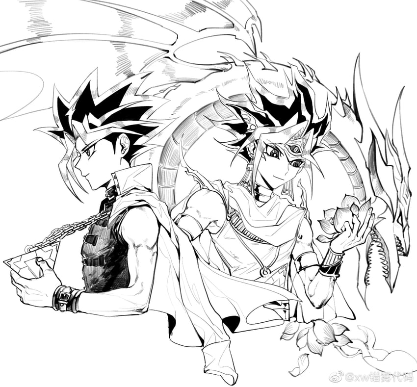 yami yugi, atem, and osiris the sky dragon (yu-gi-oh! and 1 more) drawn by xw3147320553321