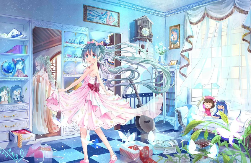 hatsune miku, yuki miku, rabbit yukine, and chuushuu meigetsu miku (vocaloid) drawn by peas_(peas0125)