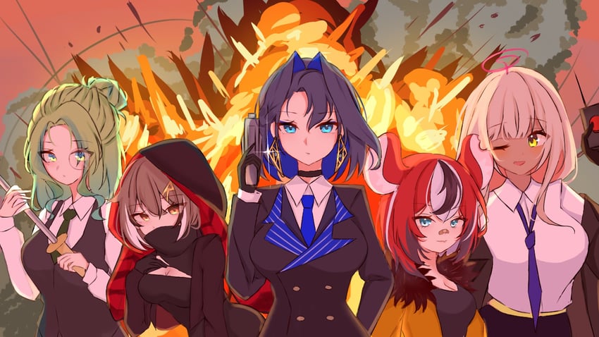 ouro kronii, nanashi mumei, hakos baelz, ceres fauna, and tsukumo sana (hololive and 2 more) drawn by maimerudii