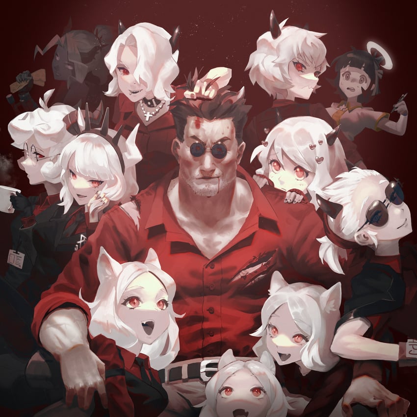 lucifer, modeus, justice, helltaker, cerberus, and 5 more (helltaker) drawn by mochi_(mochi49450600)