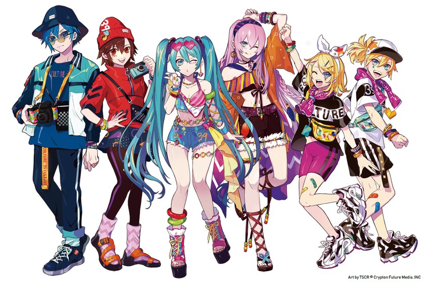hatsune miku, kagamine rin, kagamine len, megurine luka, kaito, and 1 more (vocaloid and 1 more) drawn by puppeteer7777