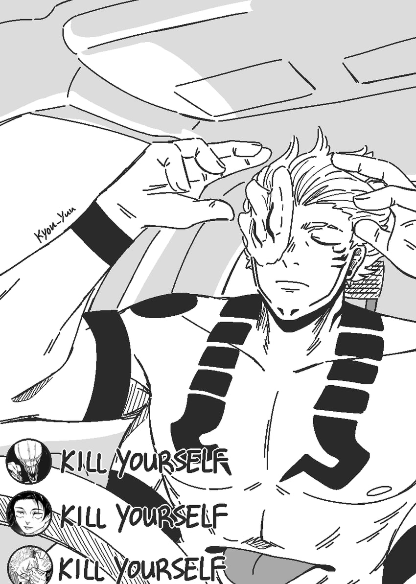 itadori yuuji, ryoumen sukuna, okkotsu yuuta, and orimoto rika (jujutsu kaisen) drawn by kyou_(luo_xingjie)