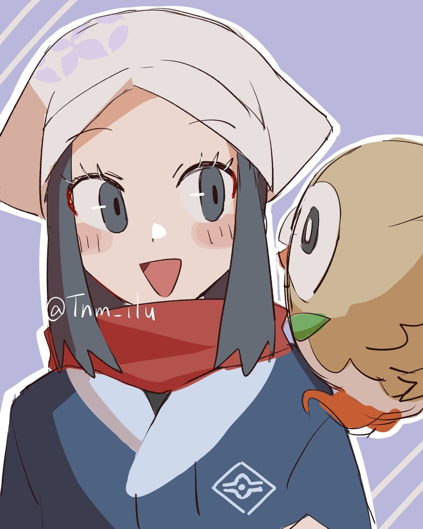 akari and rowlet (pokemon and 1 more) drawn by tnm_ilu